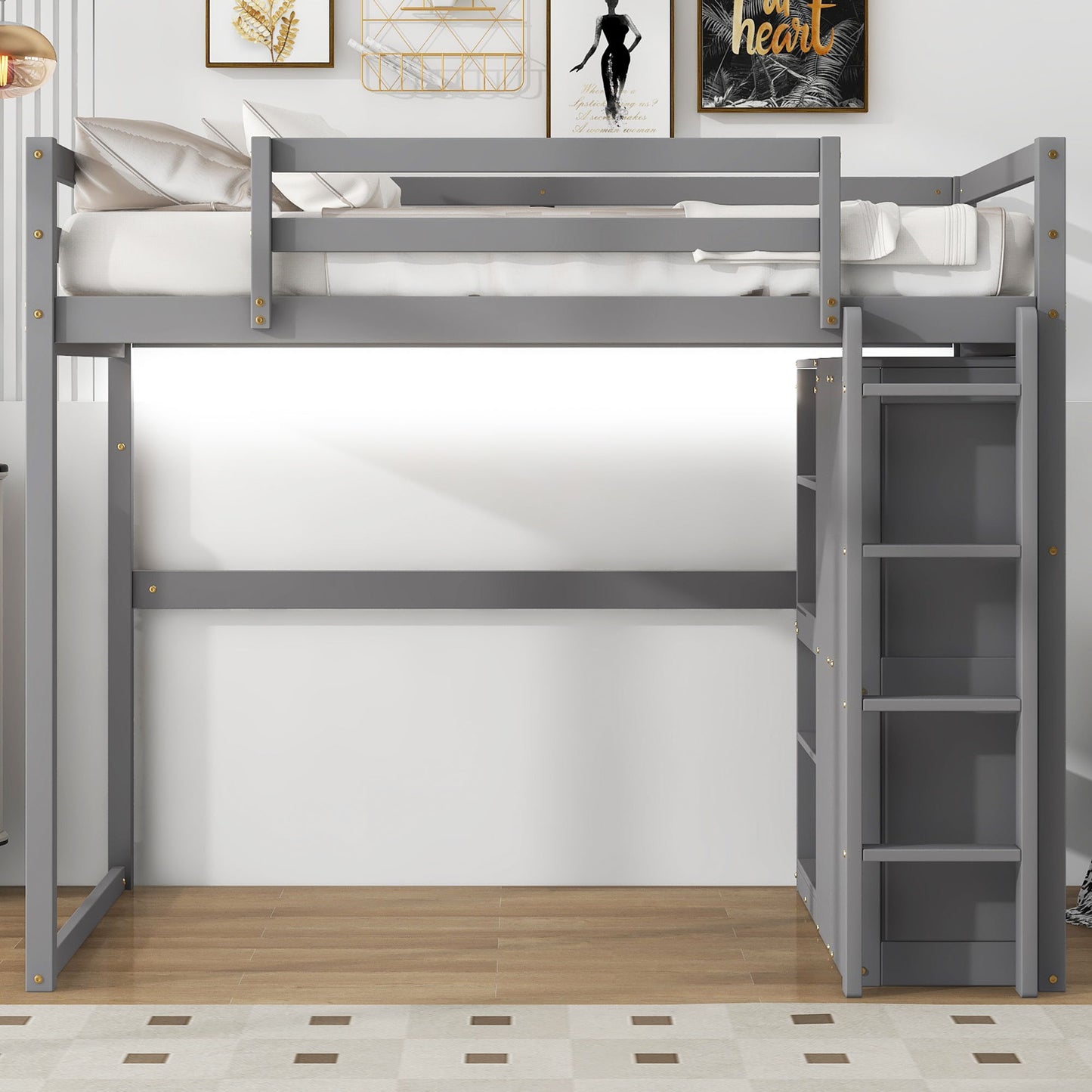 Loft Bed With Built In Wardrobe, Storage Shelves, And LED Light
