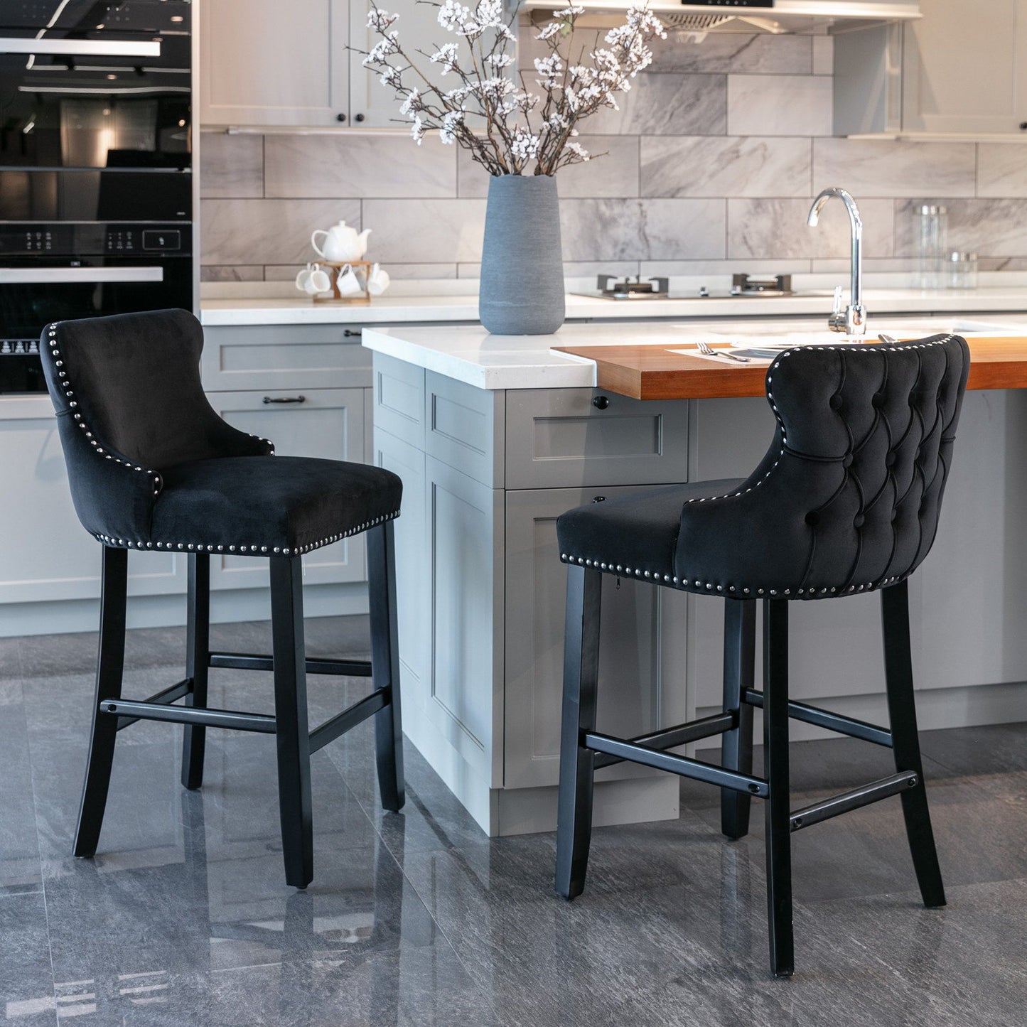Contemporary Upholstered Wing-Back Barstools With Button Tufted Decoration And Wooden Legs, And Nailhead Trim, Leisure Style Bar Chairs, Bar Stools (Set of 2)