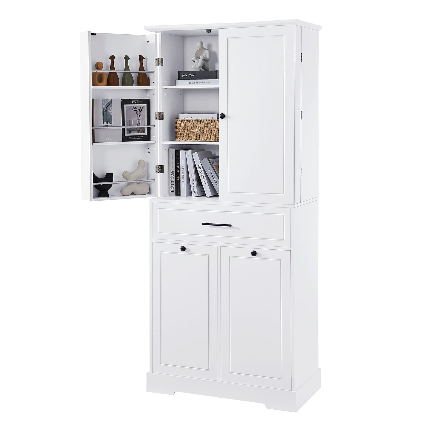 Freestanding Bathroom Storage Cabinet With Doors, Drawers, And Tilt Out Laundry Hamper - White