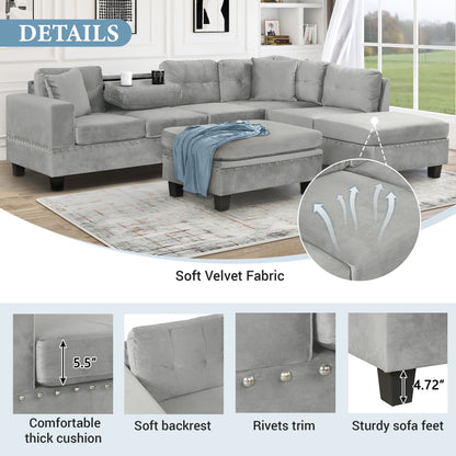 Modern Sectional Sofa With Storage Ottoman, L - Shape Couch With 2 Pillows And Cup Holders