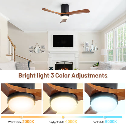 Ceiling Fan With Light, Dimmable 3 Color LED, 1 / 4 / 8H Timer, Silent For Bedroom - Matte Black