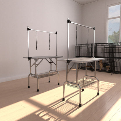 Folding Dog Pet Grooming Table Stainless Steel Frame Rubber Mat On Board With Adjustable Arm And Clamps Pet Dog Cat Grooming Table