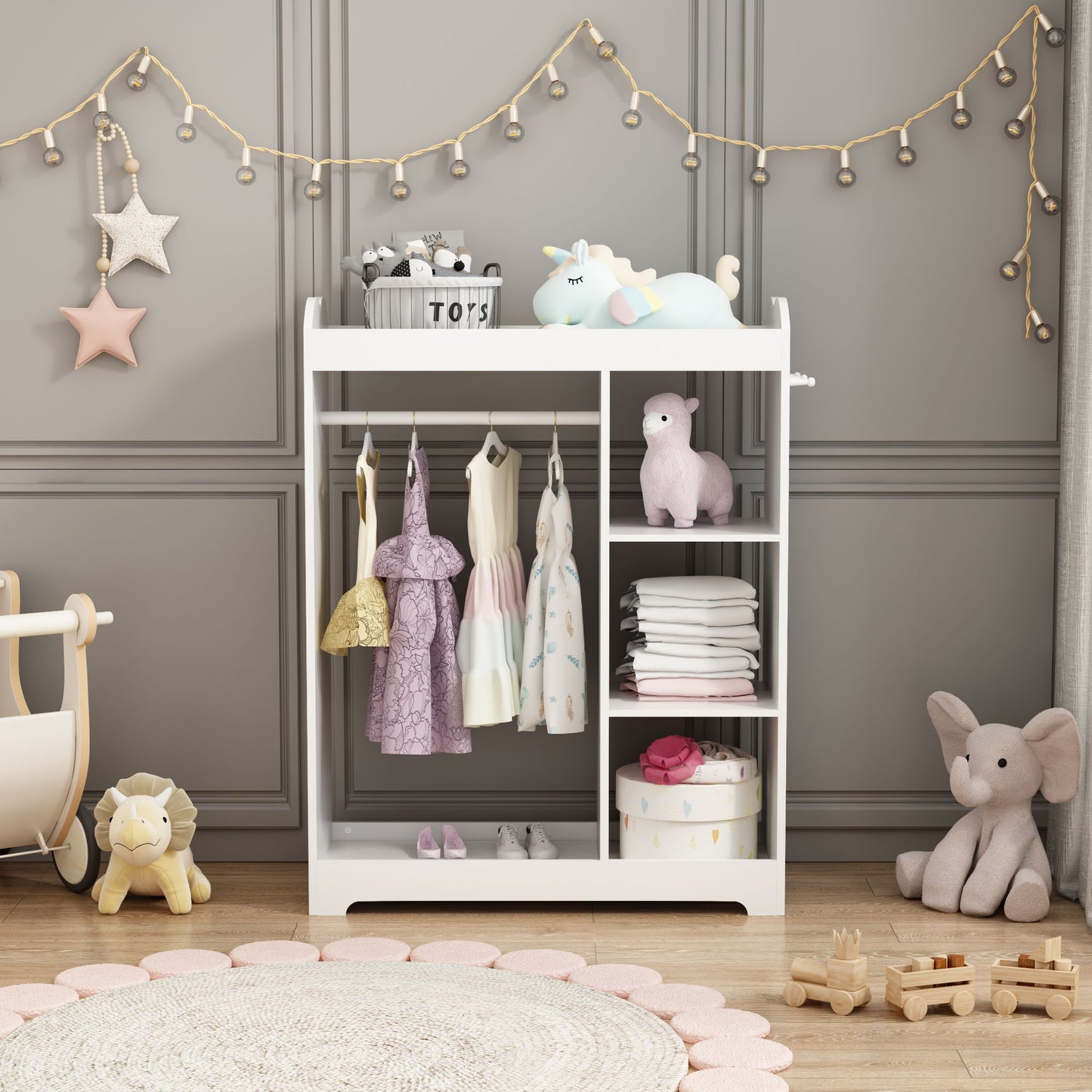 Dress Up Storage With Mirror And Hooks, Clothes Rack With Hanging Rod, 3 Side Hooks, Open Shelves, Top Shelf Organizer - White