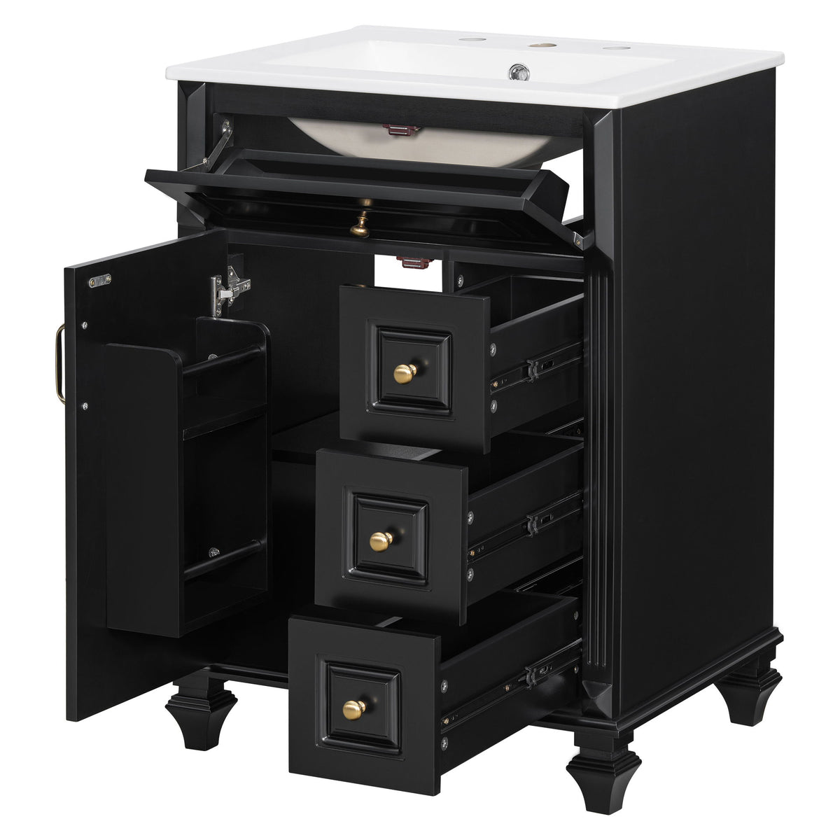 Freestanding Bathroom Vanity With Sink, 3 Drawers & Flip-Out Drawer