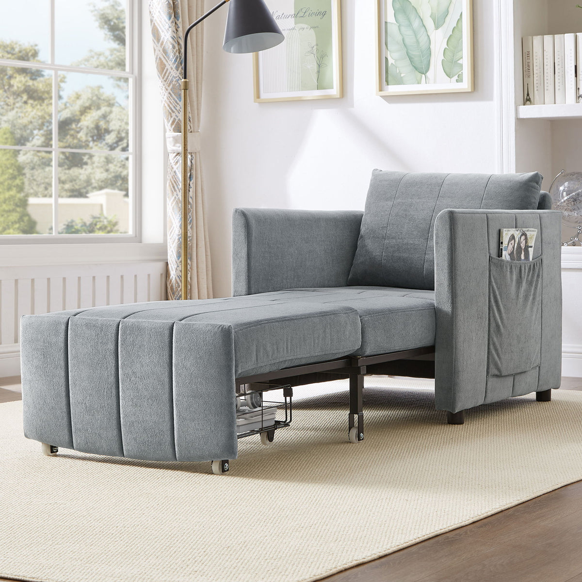 Upholstered Convertible Sleeper Sofa With 5 Position Backrest, Side Pockets, Storage