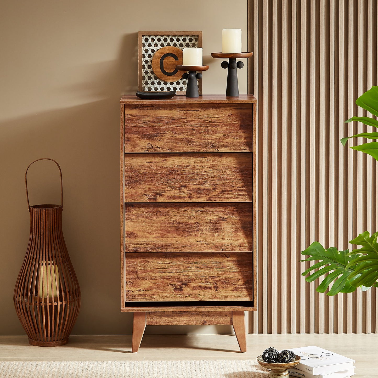 Vintage Style 4 Drawer Double Dresser With Bevel Design - Brown