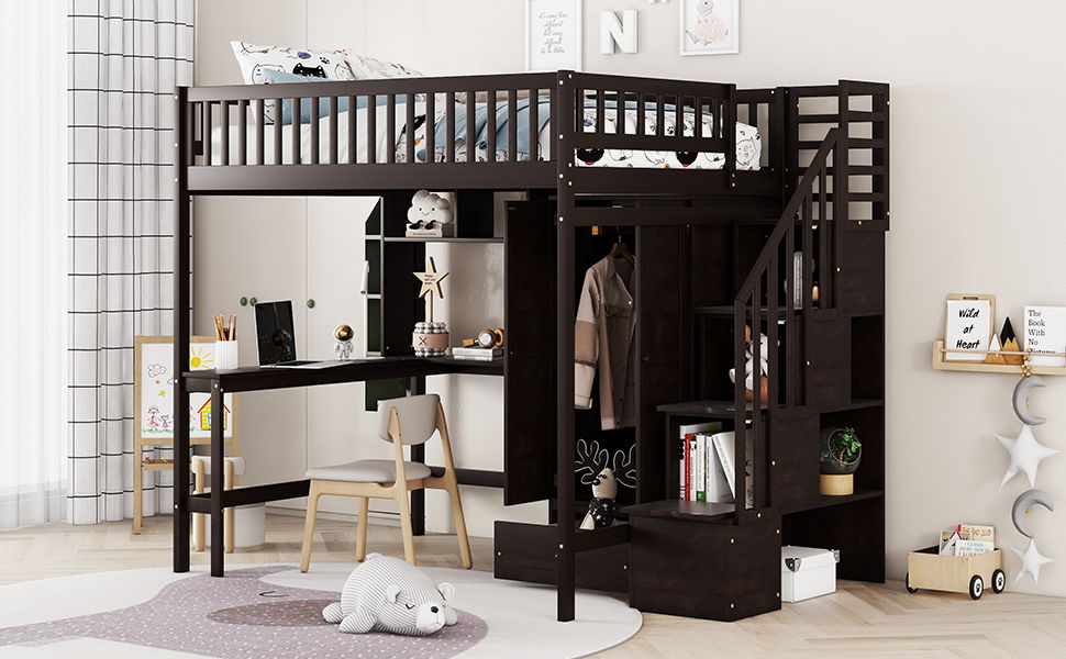 Loft Bed With Bookshelf, Drawers, Desk, And Wardrobe