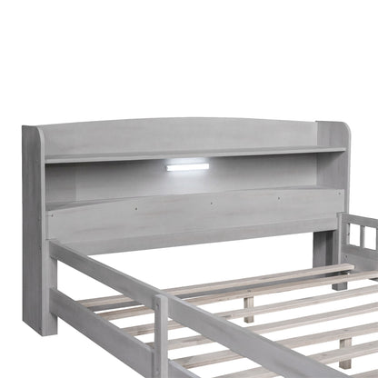Wood Platform Bed With Built In LED Light, Storage Headboard And Guardrail
