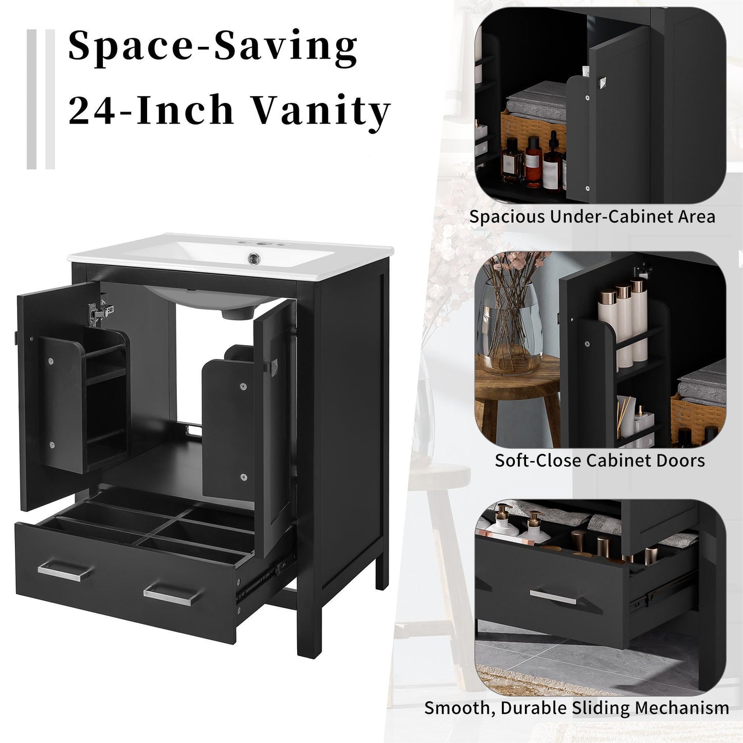 Bathroom Vanity With Integrated Undermount Ceramic Sink, 2 Doors And 1 Drawer, Soft Close Hinges