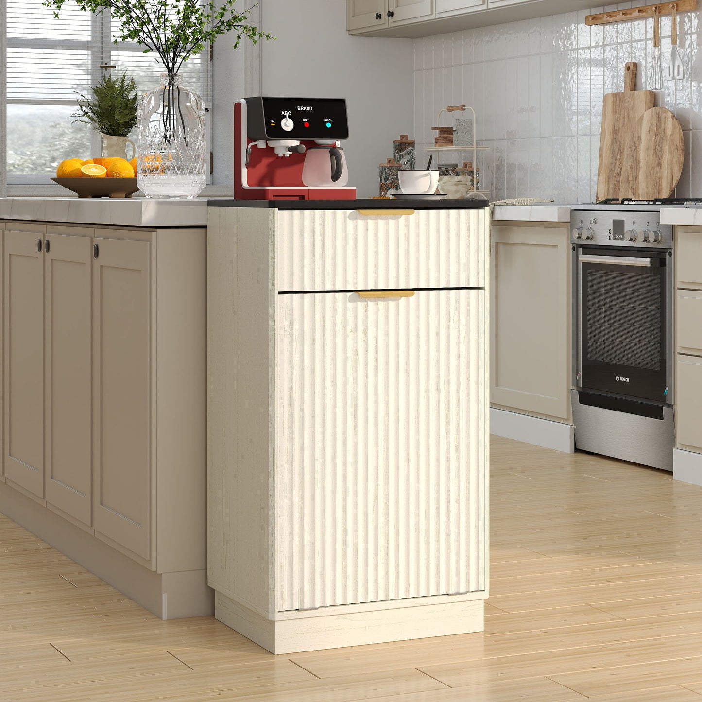 Tilt Out Trash Can Cabinet With Wave Textured Drawer & Pull Out Bin
