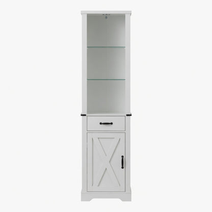 Pantry Cabinet With LED Lights And Barn Door With Tempered Glass Shelves - White