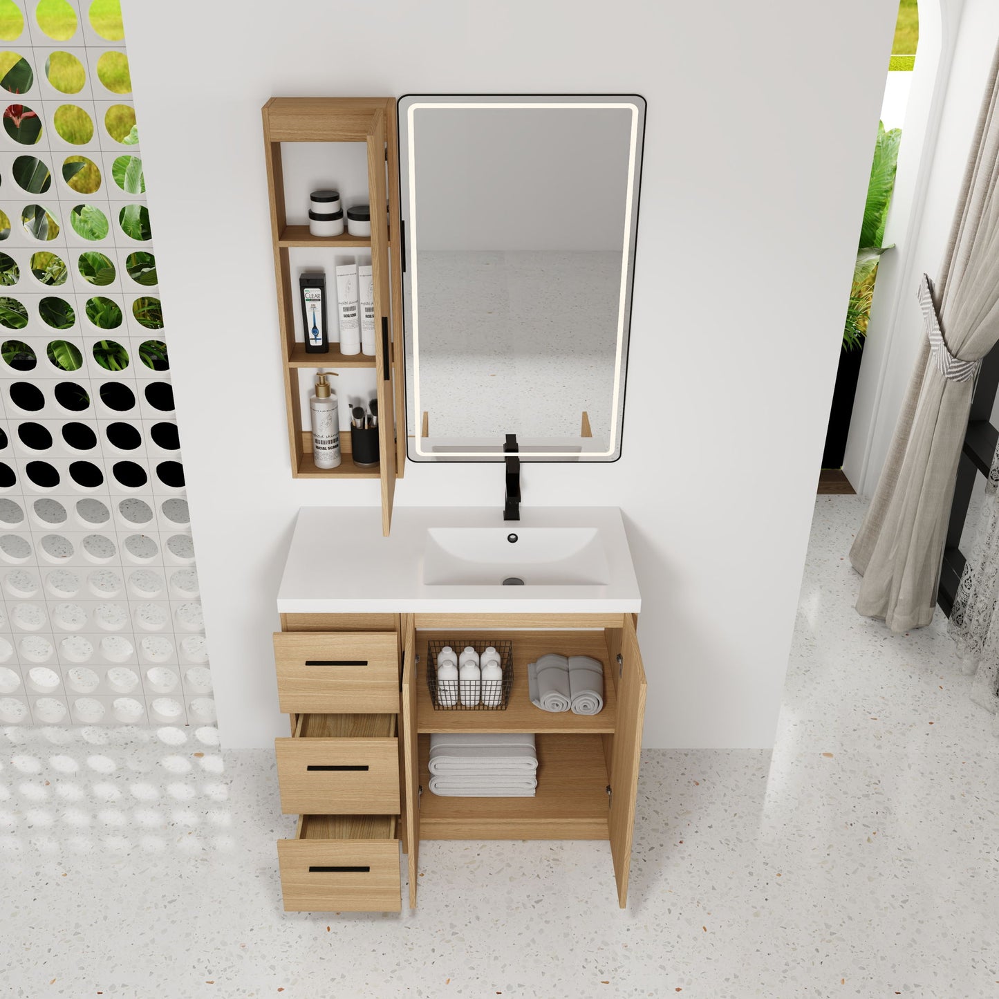Freestanding Bathroom Vanity Set With Tall Linen Cabinet, 3 Drawers And Large Storage, Single Sink