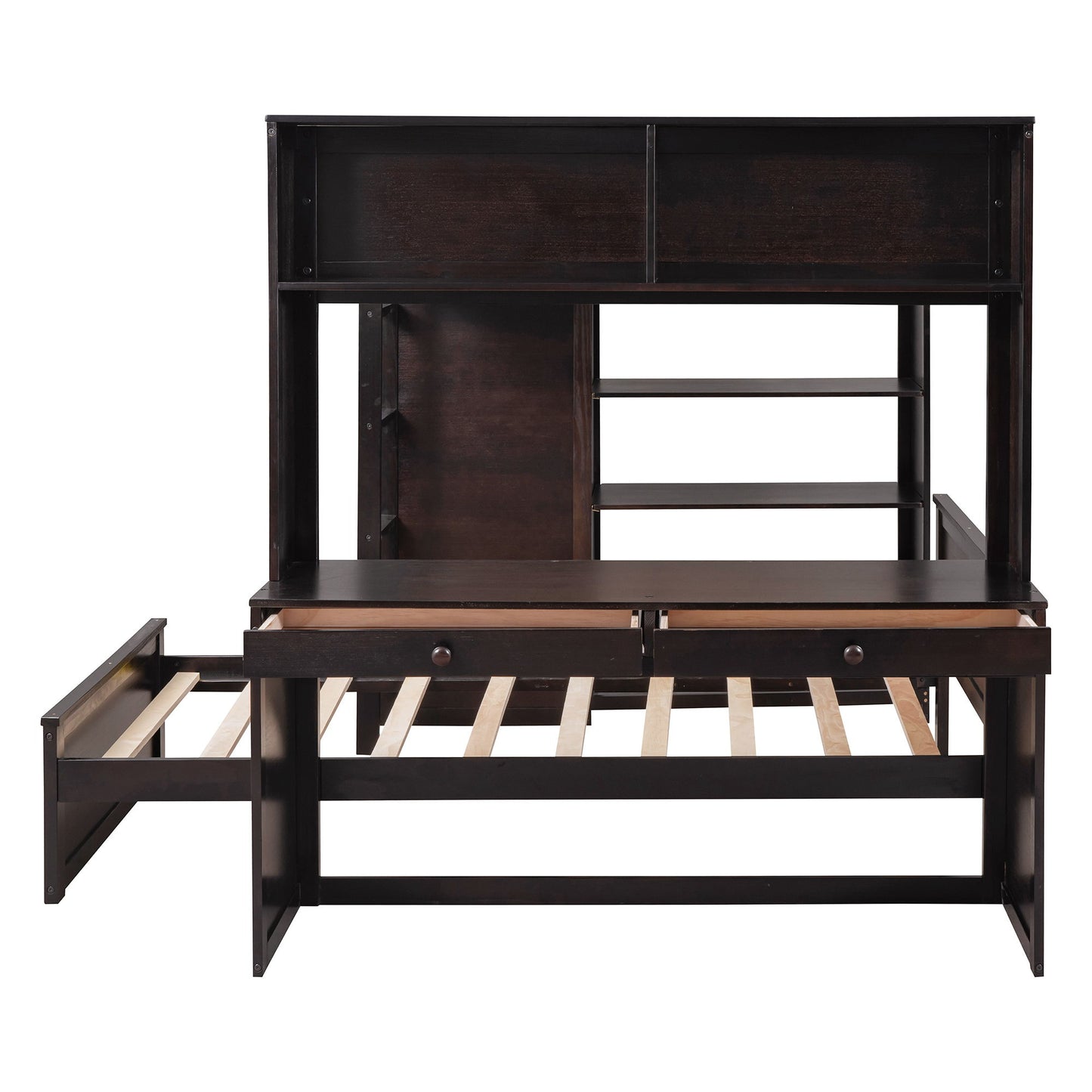 Loft Bed With A Twin Size Standalone Bed, Shelves, Desk, And Wardrobe
