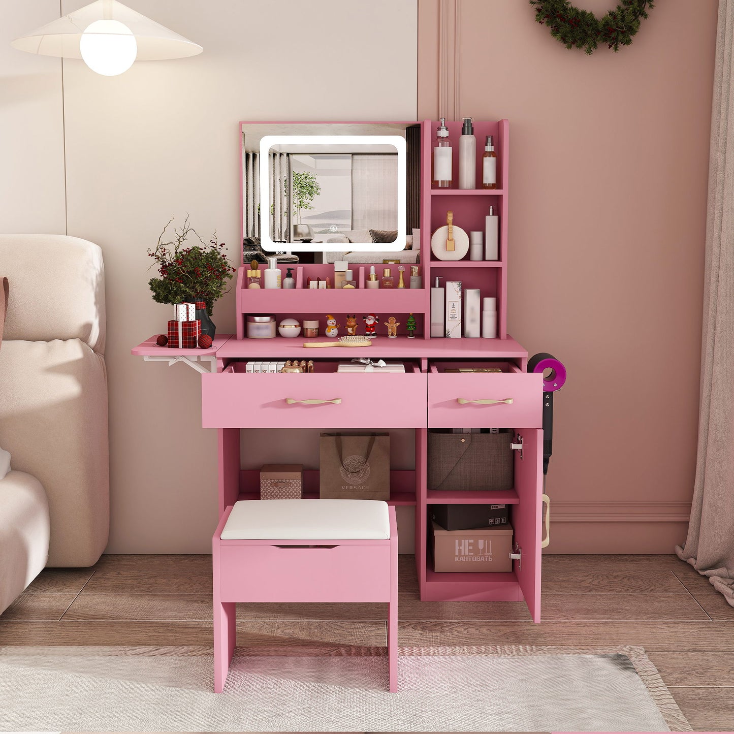 Vanity Desk With LED Mirror Lights And Power Outlet Charging Station, 3 Drawers, 7 Shelves, Storage Stool - Pink
