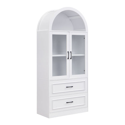 Arched Top Storage Cabinet With Fixed 2 Tier Shelves, 2 Large Drawers