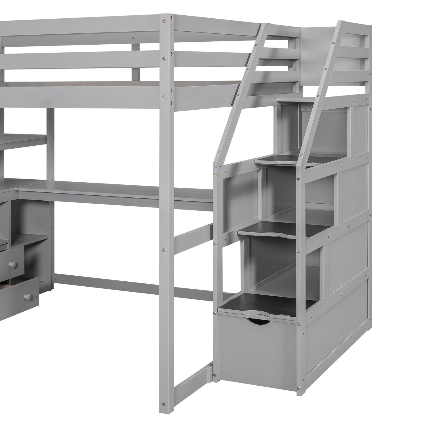 Loft Bed With Desk, Shelves, 2 Drawers, Storage Staircase