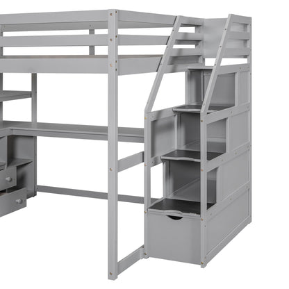 Loft Bed With Desk, Shelves, 2 Drawers, Storage Staircase