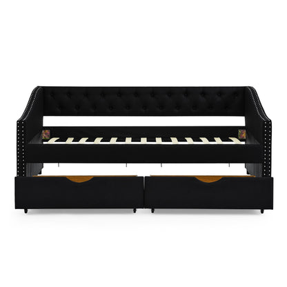 Upholstered Tufted Daybed With 2 Drawers, Waved Arms