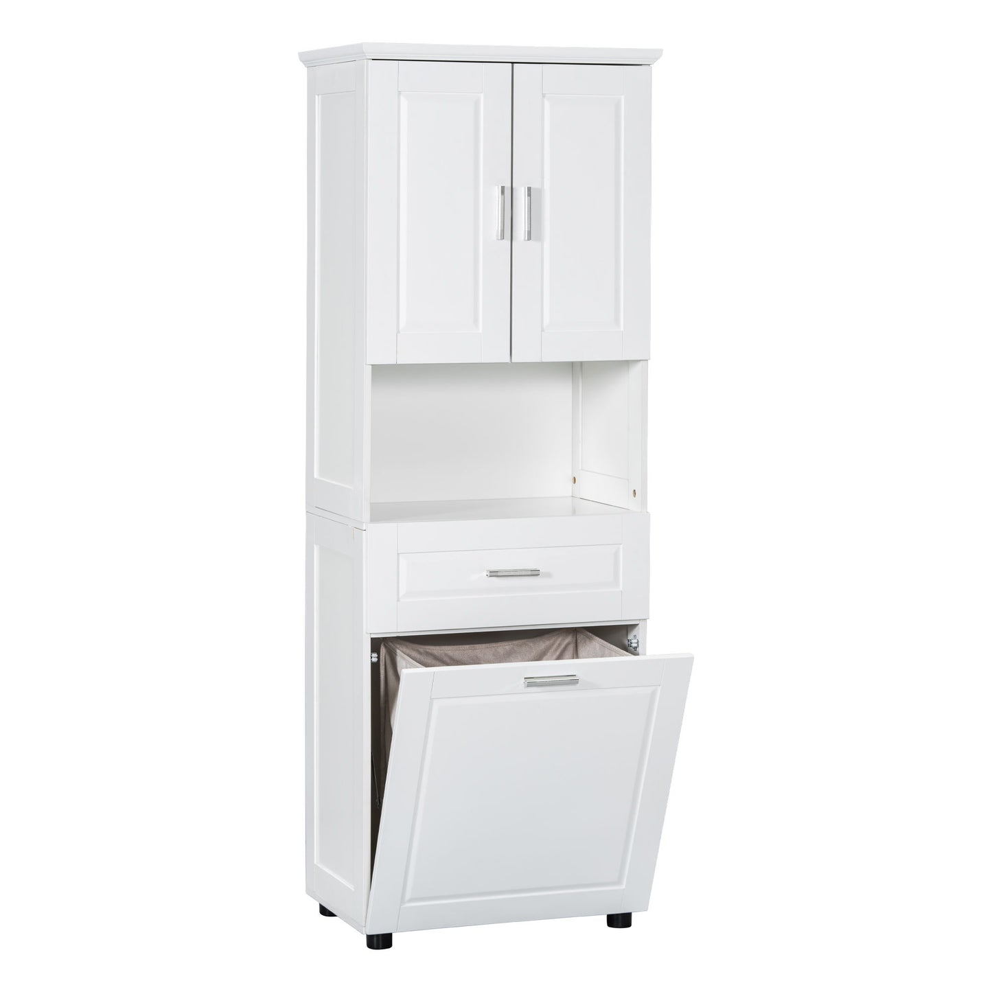 Tall Bathroom Cabinet With Tilt-Out Laundry Basket And Upper Storage