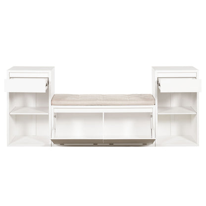 Entryway Storage Bench With Cushion, Drawers & Open Shelves