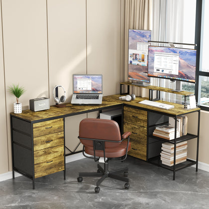 Industrial L Shaped Computer Desk With Power Outlets & USB-C, 6 Fabric Drawers, 3 Open Shelves, Movable Monitor Stands - Brown