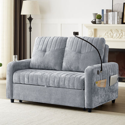Modern Loveseat Pull Out Sofa Bed With Adjustable Backrest, Two Cup Holders, A Phone Holder, Three Charging Ports And Side Storage Pockets For Living Room