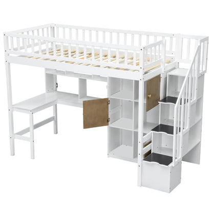Loft Bed With Built In L Shaped Desk, LED Lights, Storage Shelves, Cabinets, And Staircase