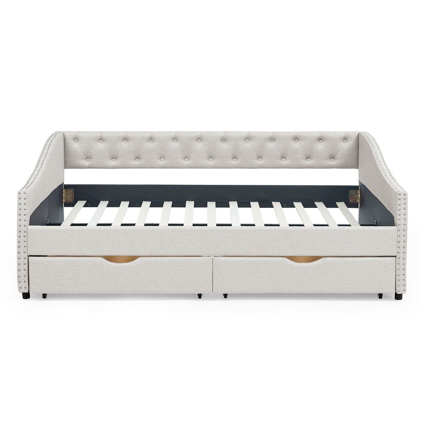 Upholstered Tufted Daybed With Drawers, Waved Arms