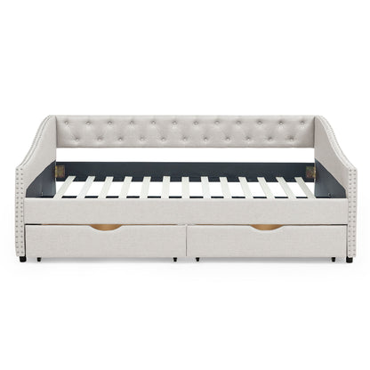 Upholstered Tufted Daybed With Drawers, Waved Arms