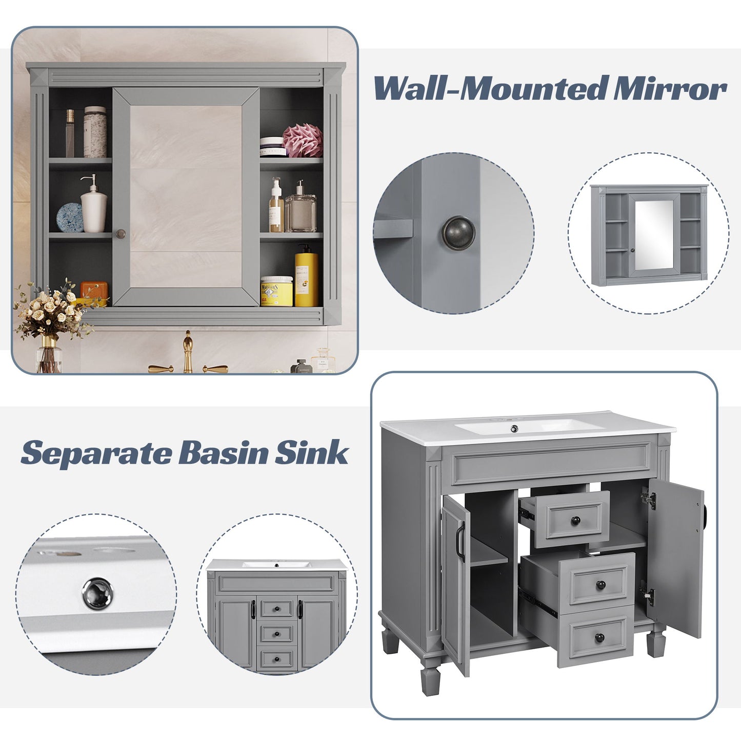 Bathroom Vanity With Top Sink, Mirror Cabinet, 2 Soft Closing Doors & 2 Drawers