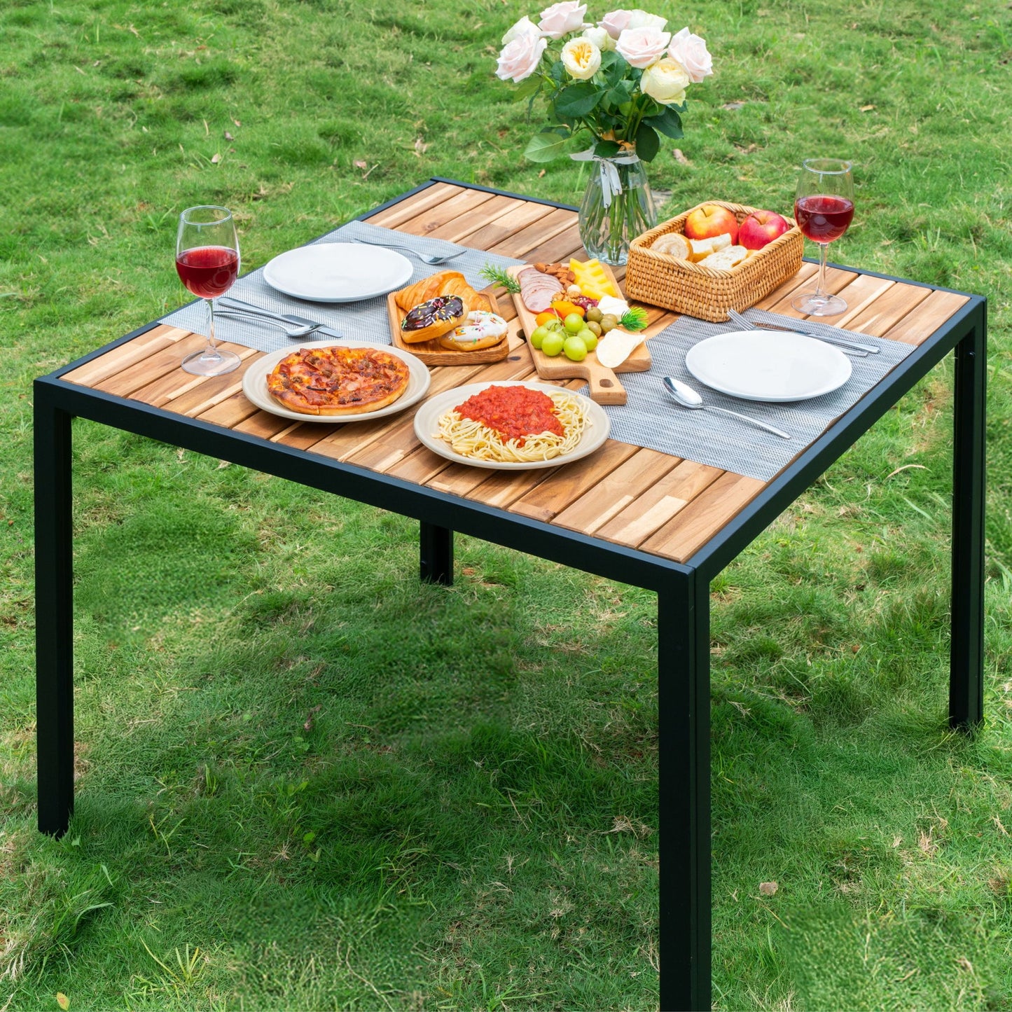 5 Piece Patio Dining Table Set, Acacia Wood Table Top With Umbrella Hole