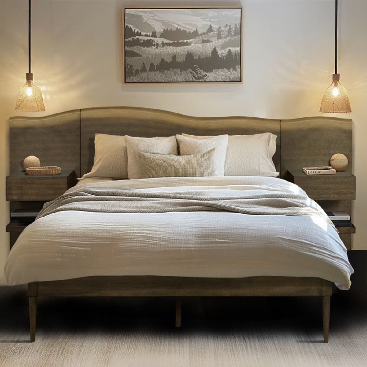 Queen Size Platform Bed Frame With Live Edge Headboard, Built In Nightstands - Dark Brown