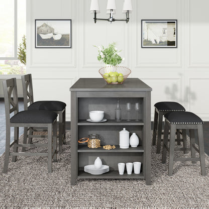 5 Pieces Counter Height Rustic Farmhouse Dining Room Wooden Bar Table Set With 2 Stools And 2 Chairs