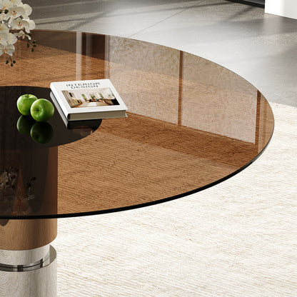 Round Dining Table With Tempered Glass Top - Brown