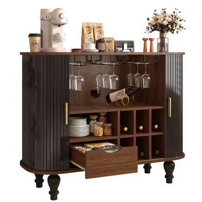 Fluted Liquor & Coffee Bar Cabinet With 6 Wine Racks And 3 Glass Holders