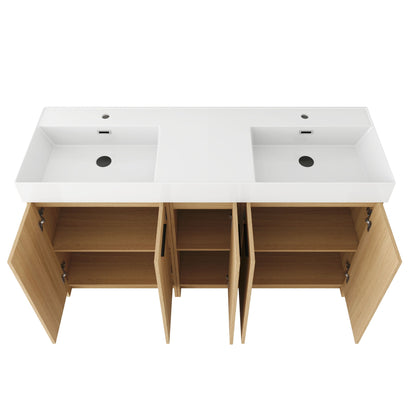 Double Sink Bathroom Vanity With Extra Large Storage, Integrated Sink, Freestanding Cabinet, Soft Close Doors - Glossy White / Light Oak