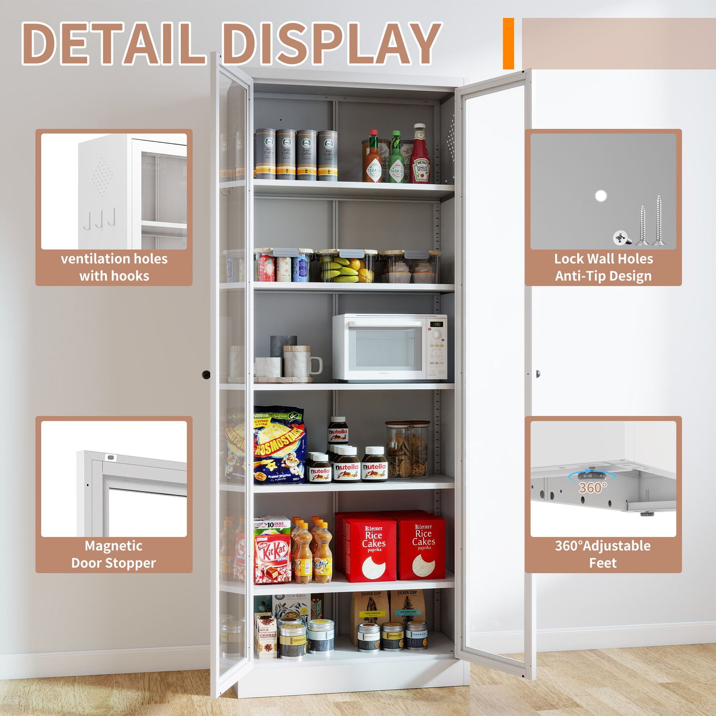 Industrial Metal Kitchen Pantry Cabinet With Adjustable Shelves - White