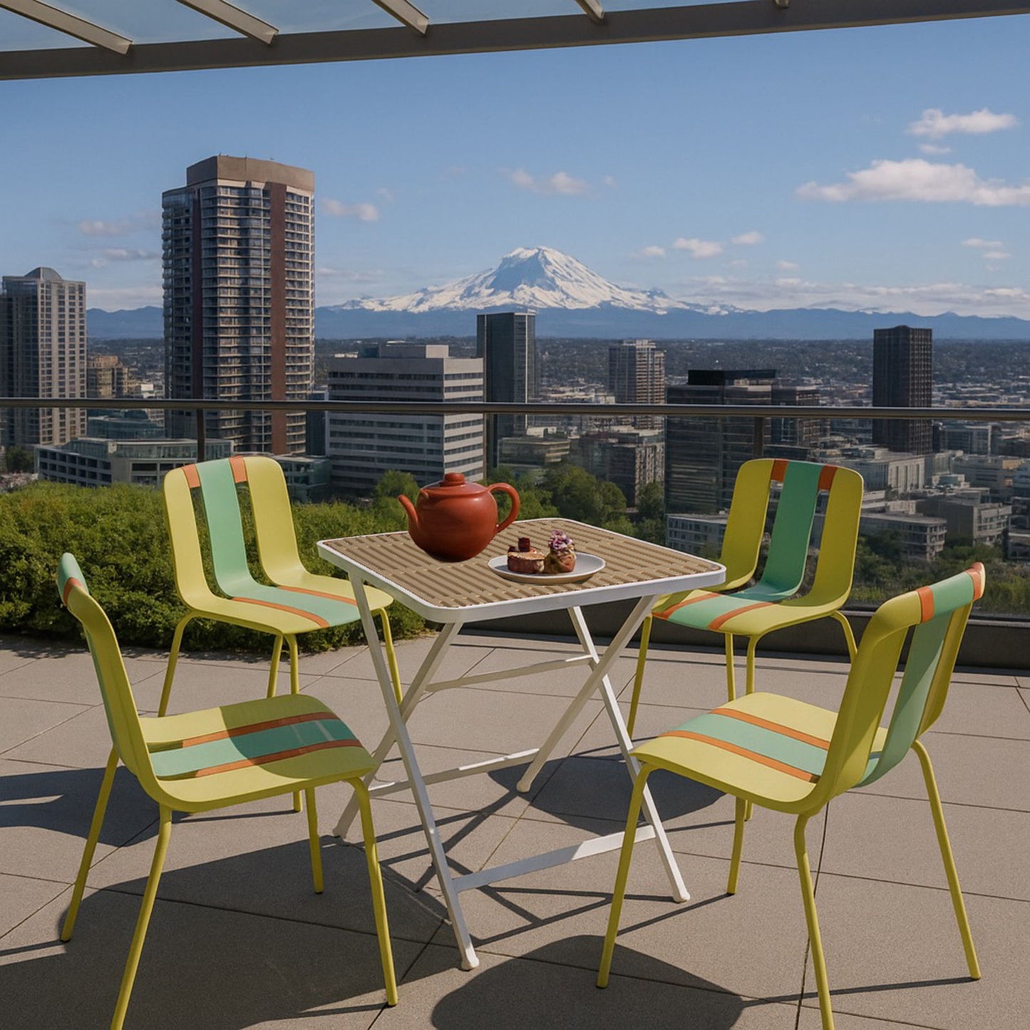4 Piece Set Of Color Block Designed Single Chairs With Folding Square Table - Grain Yellow / Haze Green / Khaki / Tropical Orange / White