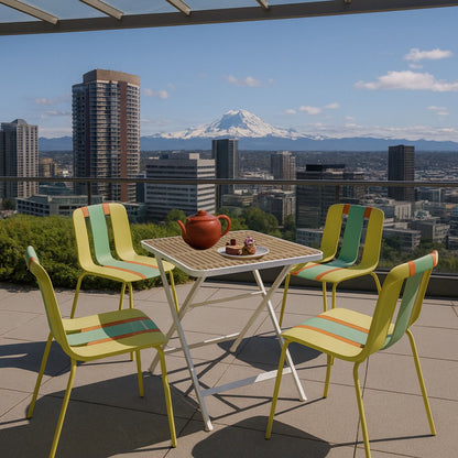 4 Piece Set Of Color Block Designed Single Chairs With Folding Square Table - Grain Yellow / Haze Green / Khaki / Tropical Orange / White