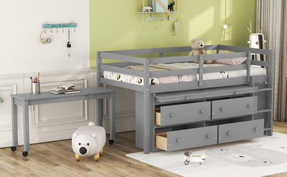Loft Bed With Retractable Writing Desk And 4 Drawers, With Lateral Portable Desk And Shelves