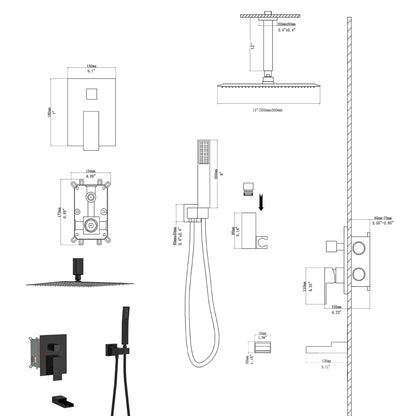 Modern Shower System With Waterfall Tub Spout, 12" Ceiling Mount Square Shower