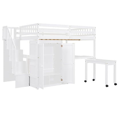 Loft Bed With Stairs, Bookshelf, Drawers, Desk & Wardrobe, Space Saving Multifunctional Furniture