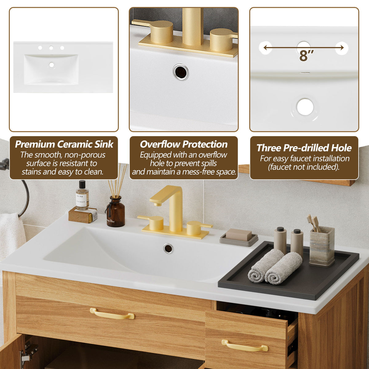 Bathroom Vanity, 2 Soft Close Doors, 3 Soft Close Drawers, Adjustable Shelf - Wood