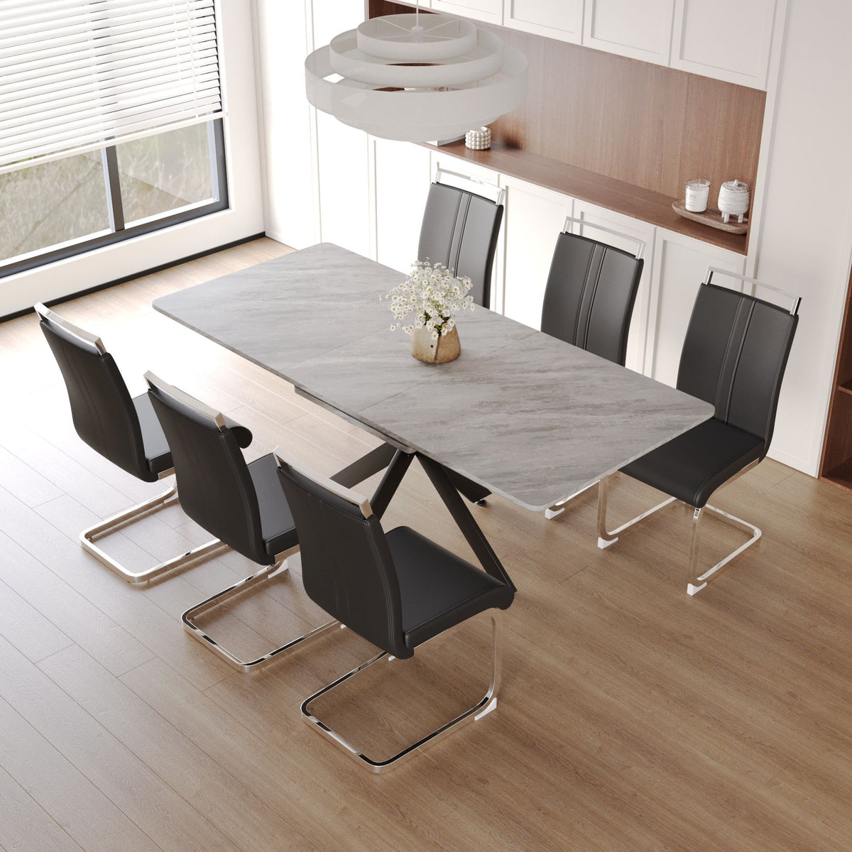 Modern Extendable Dining Table Set For 6 - 8 - Black / Gray