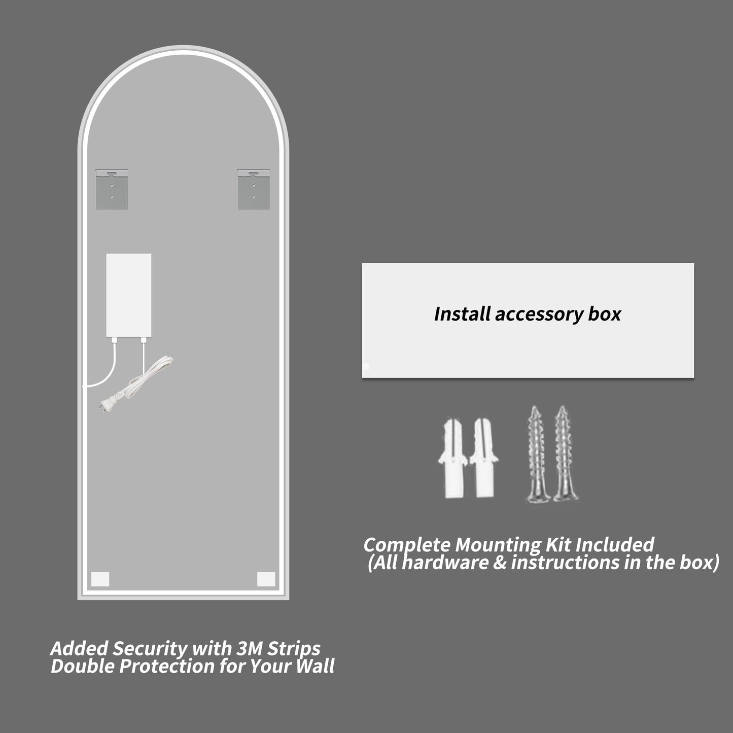 LED Full Length Wall Mirror With Symmetrical Arch Design, Dimmable 3 Color Temperature Lighting - Silver