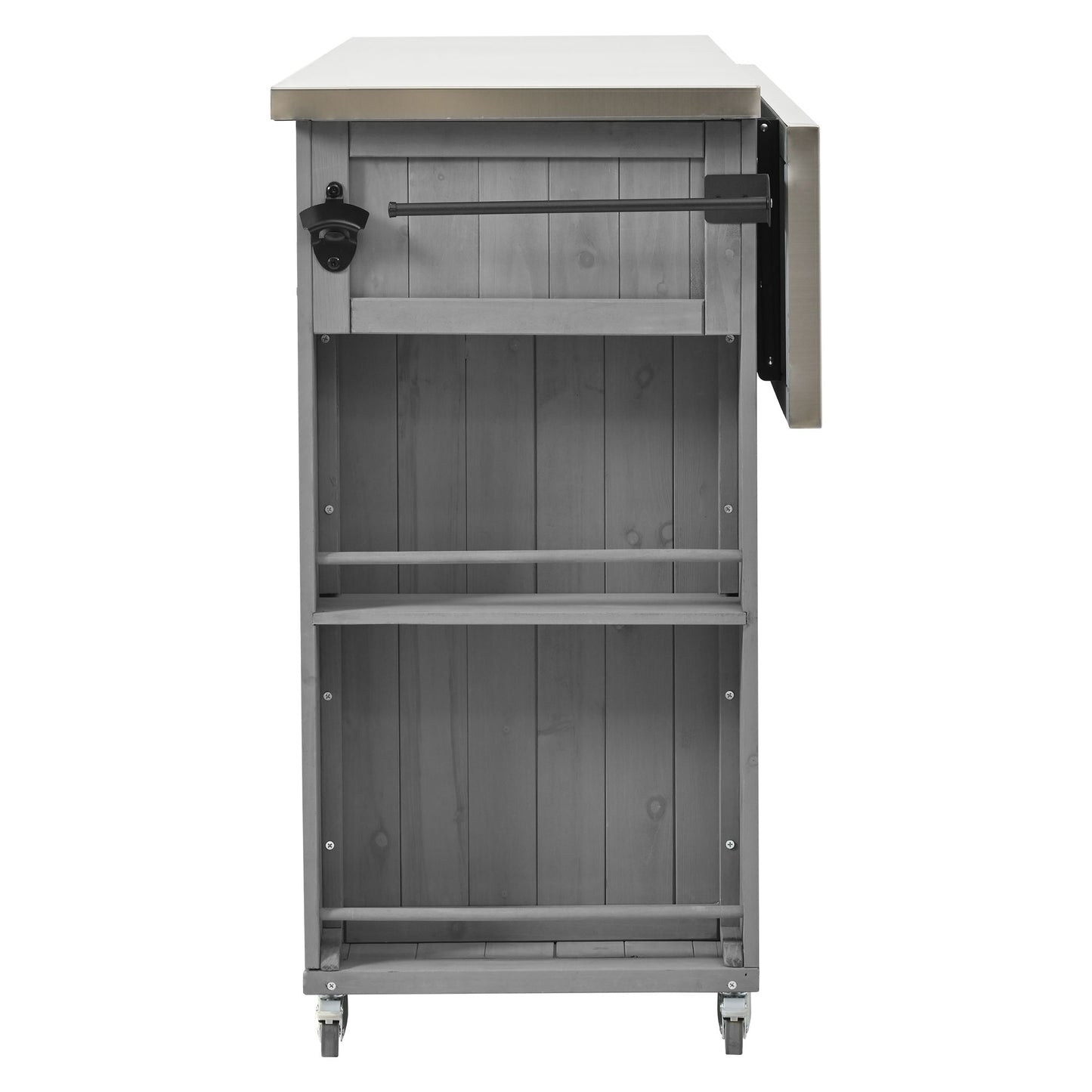 Outdoor Kitchen Island With Stainless Steel Top, Ample Storage Space, Towel And Spice Racks And A Bottle Opener