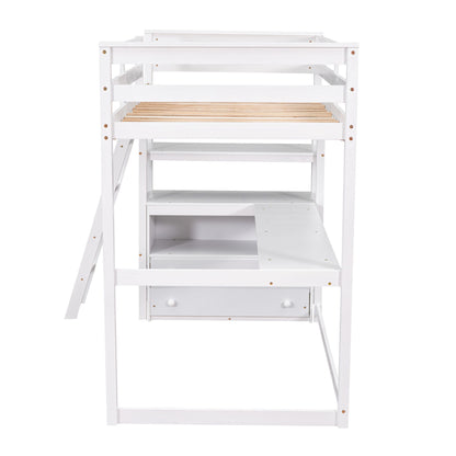 Modern Loft Bed With Built In Desk, Shelves, And 2 Drawers