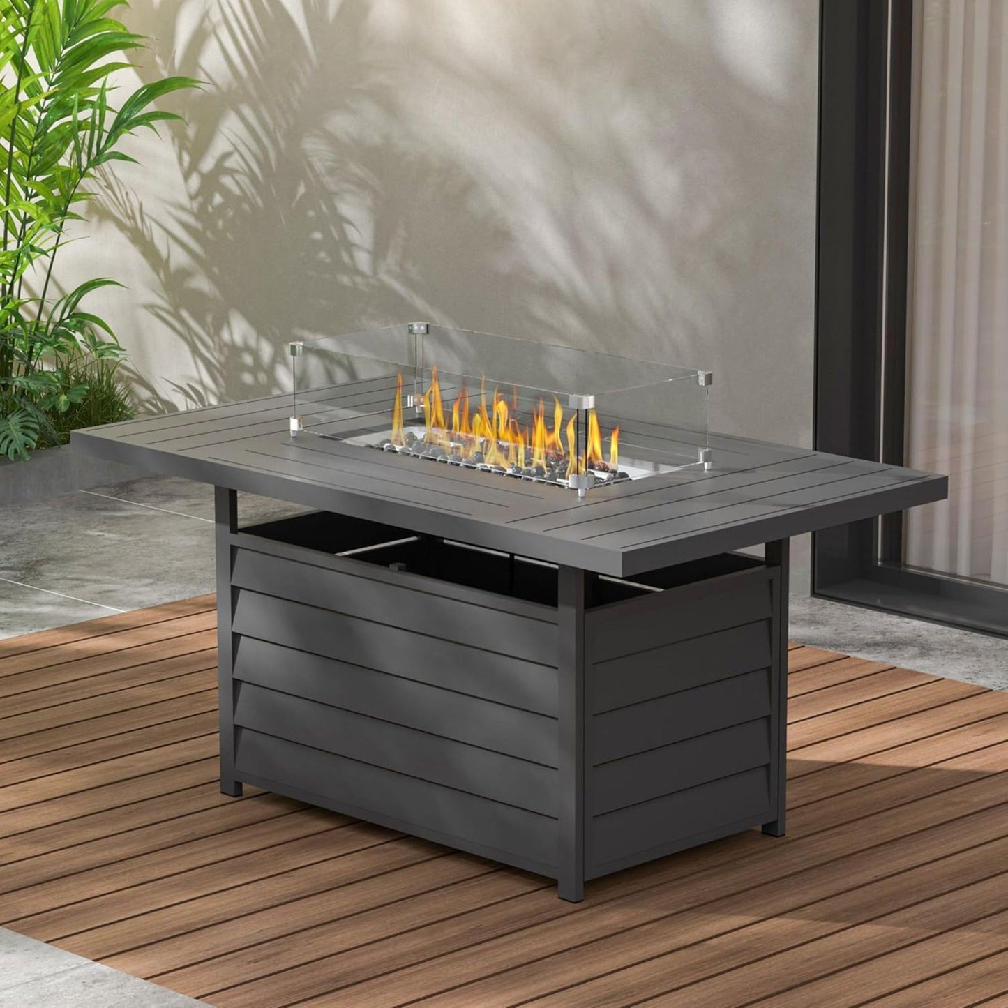 Rectangular Propane Fire Pit Table With Burner, Lava Rock, Waterproof Cover