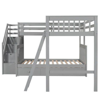 Solid L Shaped Bunk Bed With 3 Drawers, Ladder And Staircase