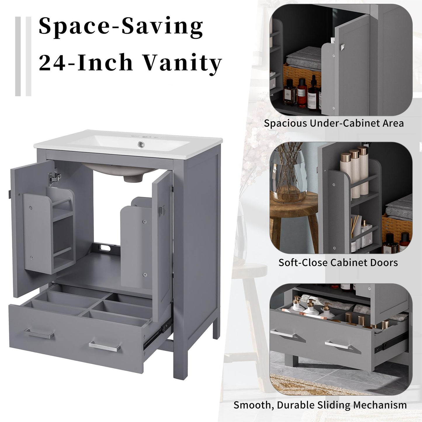 Bathroom Vanity With Integrated Undermount Ceramic Sink, 2 Doors And 1 Drawer, Soft Close Hinges